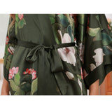 Olive Green Floral Print Silk Kimono Robes For Women