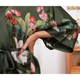 Olive Green Floral Print Silk Kimono Robes For Women