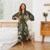 Olive Green Floral Print Silk Kimono Robes For Women