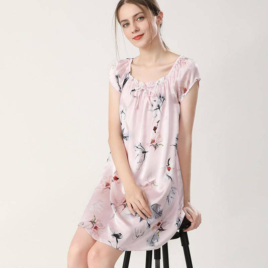 Floral Print Silk Nightgown For Women Loose Silk Nightdress