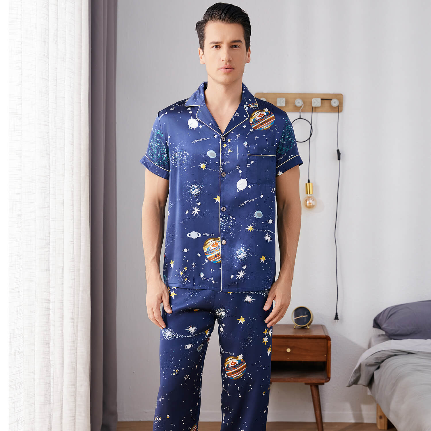 Short Sleeved Silk Pajama Set For Mens Print Luxury Best Silk Loungewear - slipintosoft