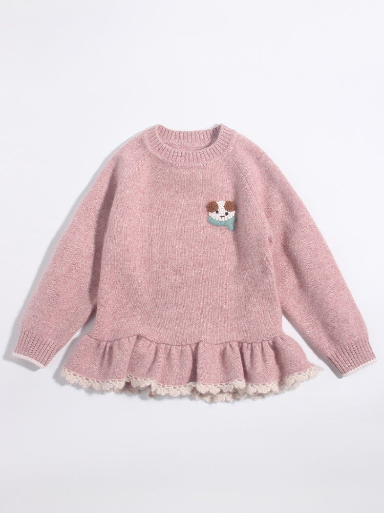 Girls Cashmere Sweater Puppy Patch Lace Hem Cashmere Knit Pullover