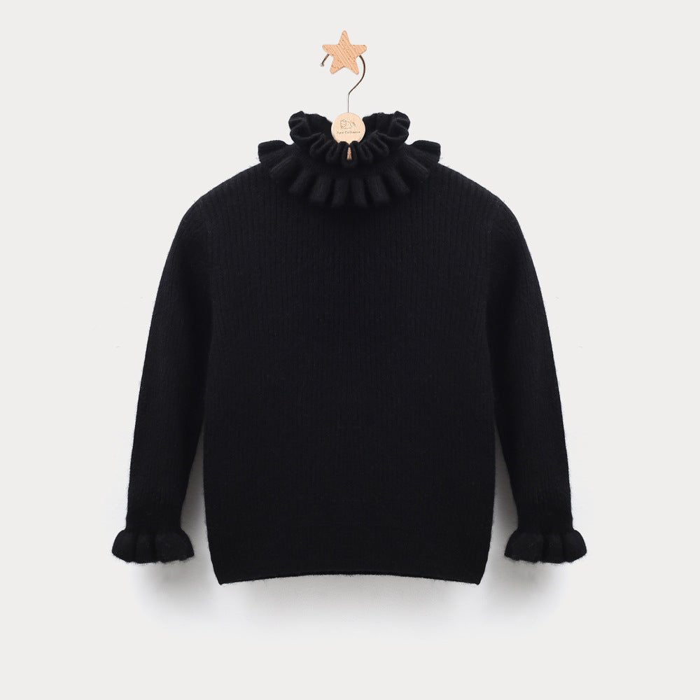 Girls Ruffle Neck Cashmere Sweater Ribbed Knit Pullover Flared Cuffs