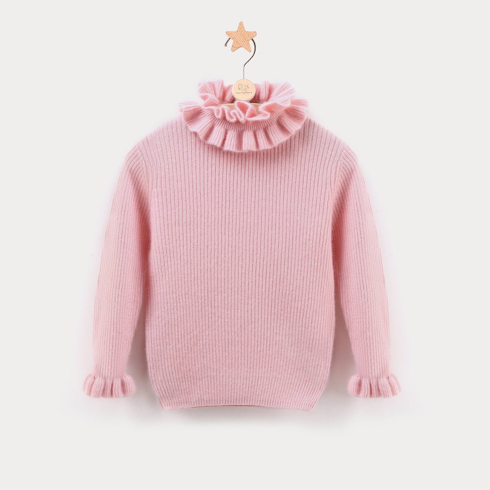 Girls Ruffle Neck Cashmere Sweater Ribbed Knit Pullover Flared Cuffs