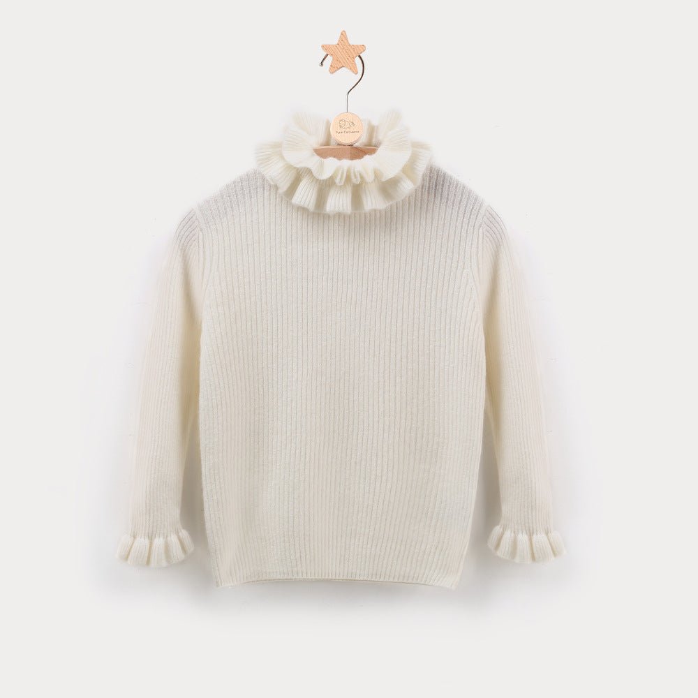 Girls Ruffle Neck Cashmere Sweater Ribbed Knit Pullover Flared Cuffs