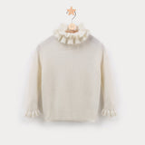 Girls Ruffle Neck Cashmere Sweater Ribbed Knit Pullover Flared Cuffs