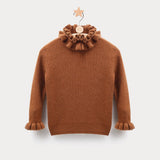 Girls Ruffle Neck Cashmere Sweater Ribbed Knit Pullover Flared Cuffs