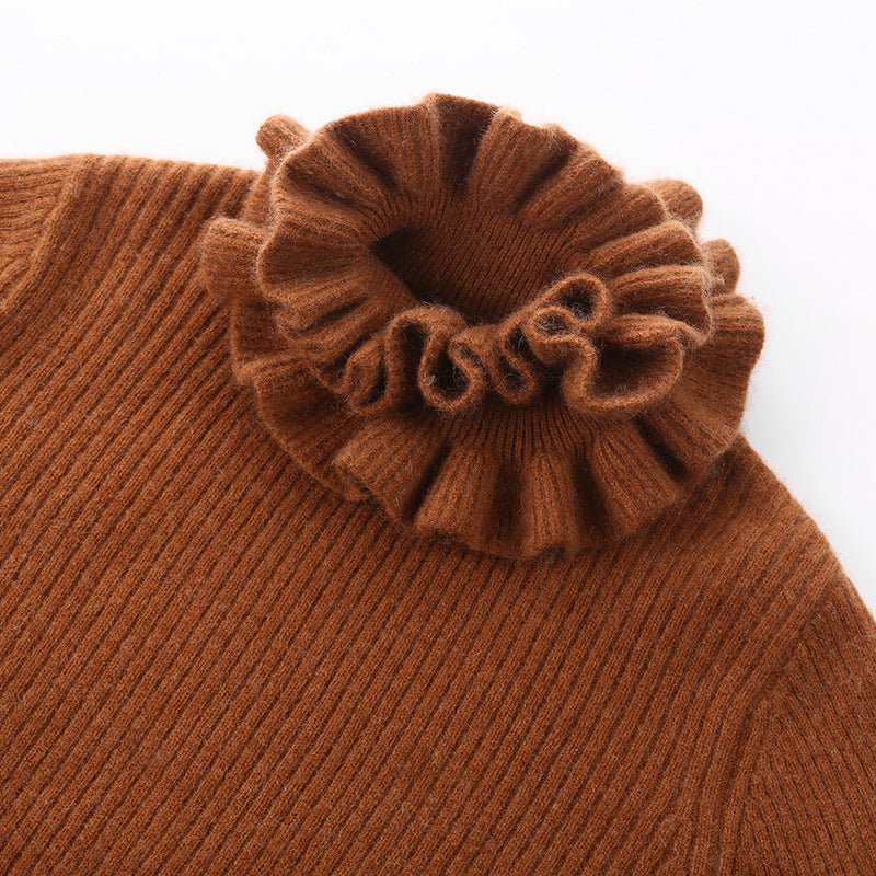 Girls Ruffle Neck Cashmere Sweater Ribbed Knit Pullover Flared Cuffs