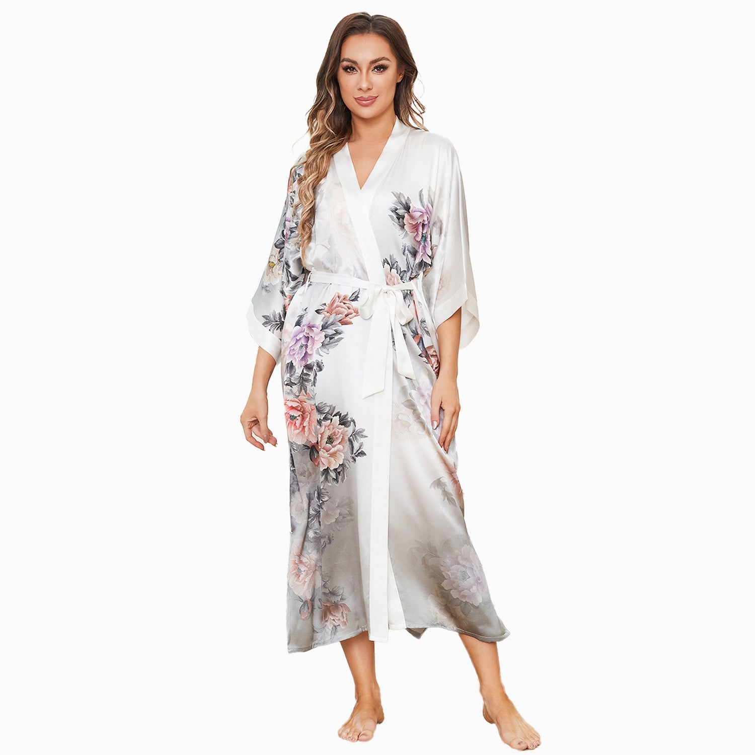 women's Flower Silk Kimono Robe long Flower Print Pure Silk Kimono - slipintosoft