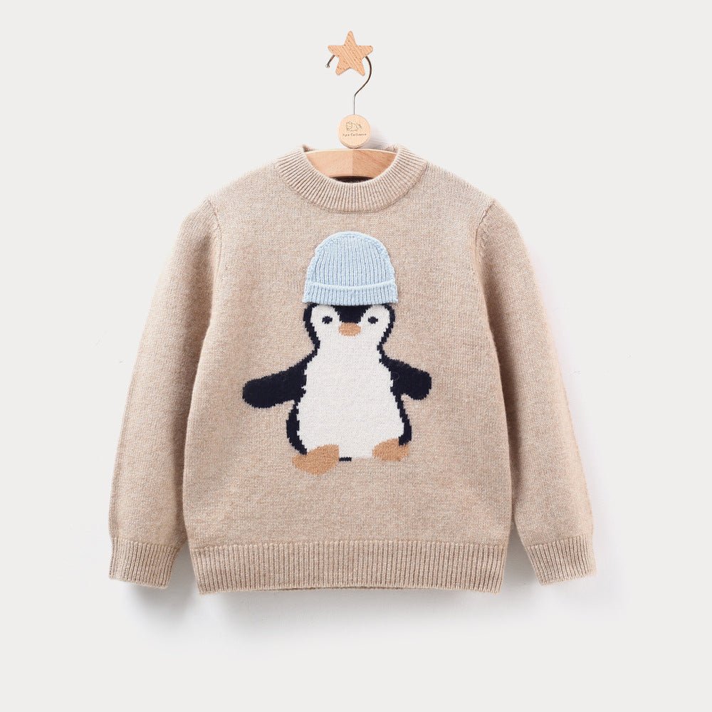 Kids Cashmere Sweater Penguin Design Crew Neck Cashmere Knit Pullover