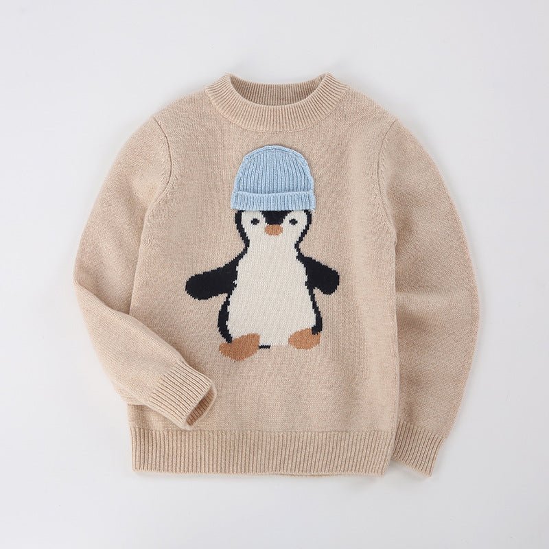 Kids Cashmere Sweater Penguin Design Crew Neck Cashmere Knit Pullover