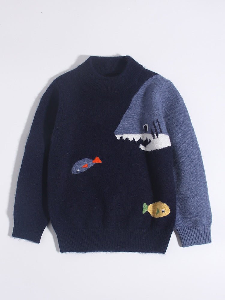 Kids Cashmere Sweater Shark Fish Design Warm Cashmere Knit Pullover