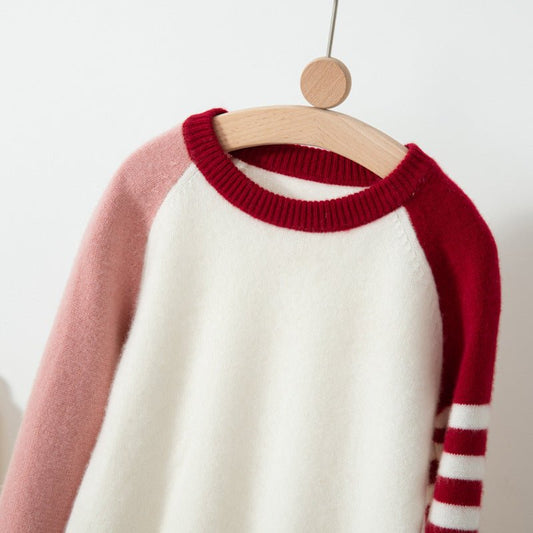 Kids Pure Cashmere Color Block Sweater Long Sleeve Soft Knit Pullover