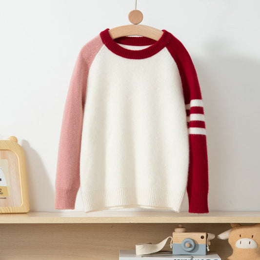 Kids Pure Cashmere Color Block Sweater Long Sleeve Soft Knit Pullover