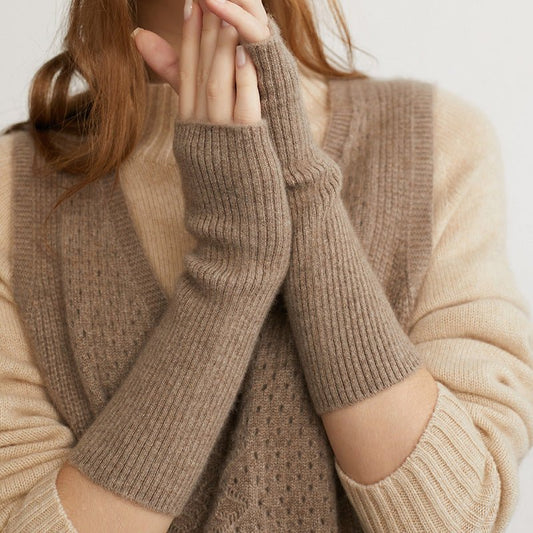 Long Fingerless Gloves Soft Cashmere Ribbed Knit Gloves Cashmere Wrist Protection