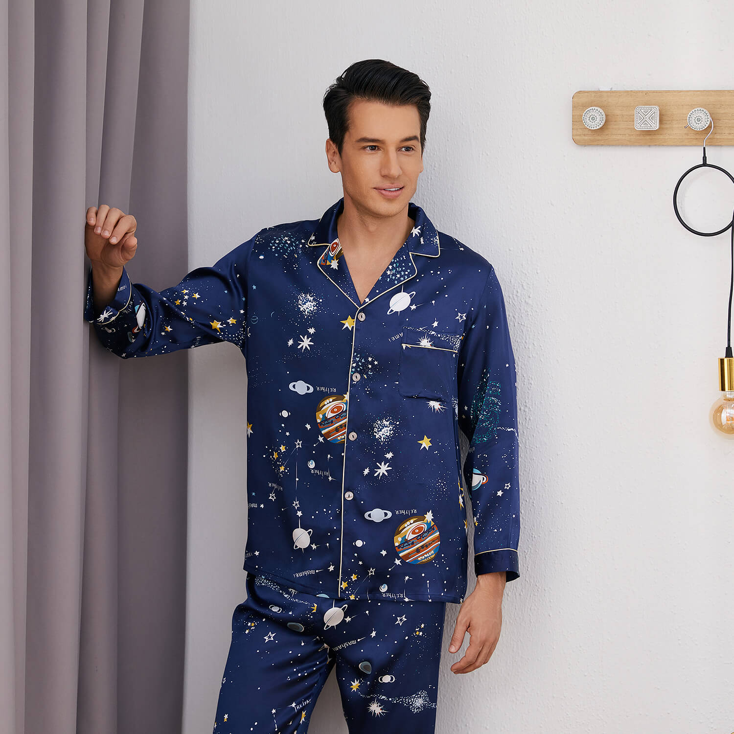 Long Silk Pajama Set for Men Luxury Print Comfortable Silk Nightwear - slipintosoft