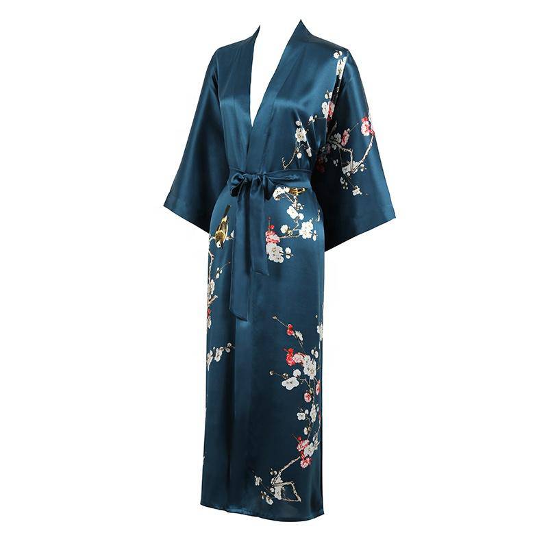 Quality 100% Long Silk Kimono for Women Cherry Blossom Printing Ladies Luxury Mulberry Silk Kimono Robe -  slipintosoft