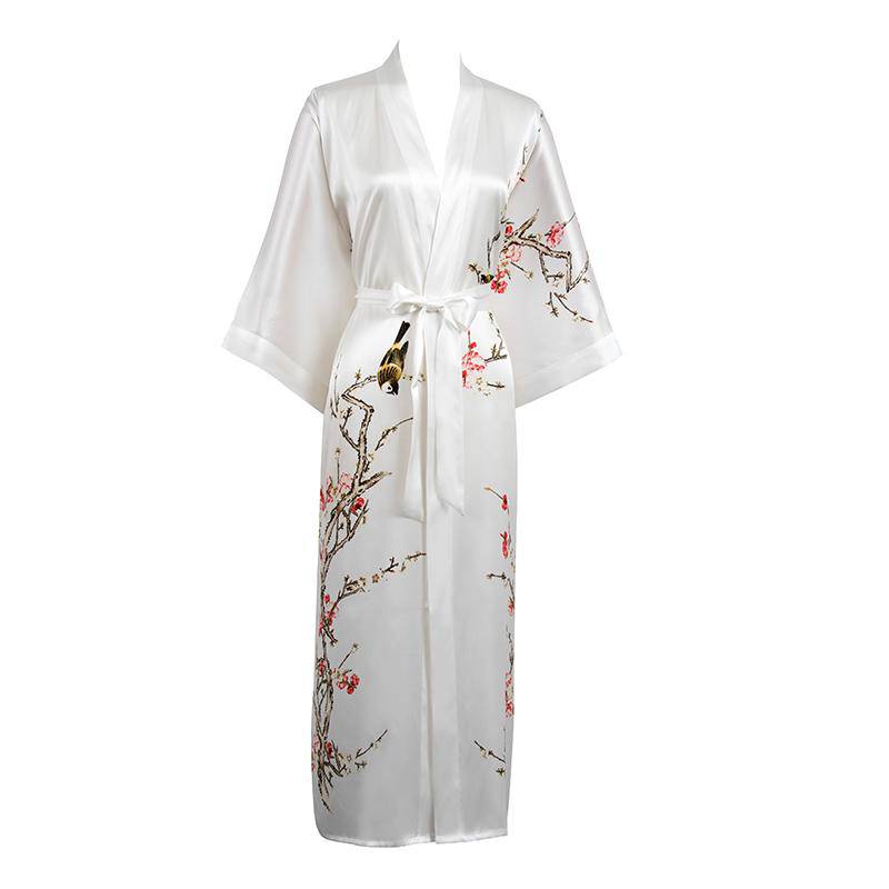 Quality 100% Long Silk Kimono for Women Cherry Blossom Printing Ladies Luxury Mulberry Silk Kimono Robe -  slipintosoft