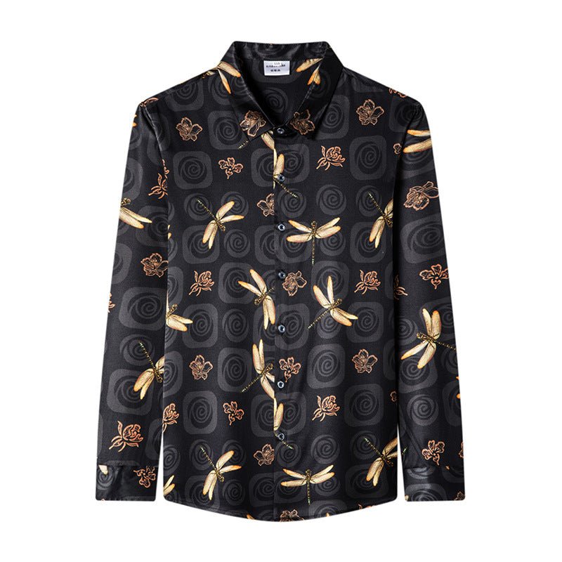 Long Sleeve Silk Shirts for Men Silk Dragonfly Print Dress Shirt
