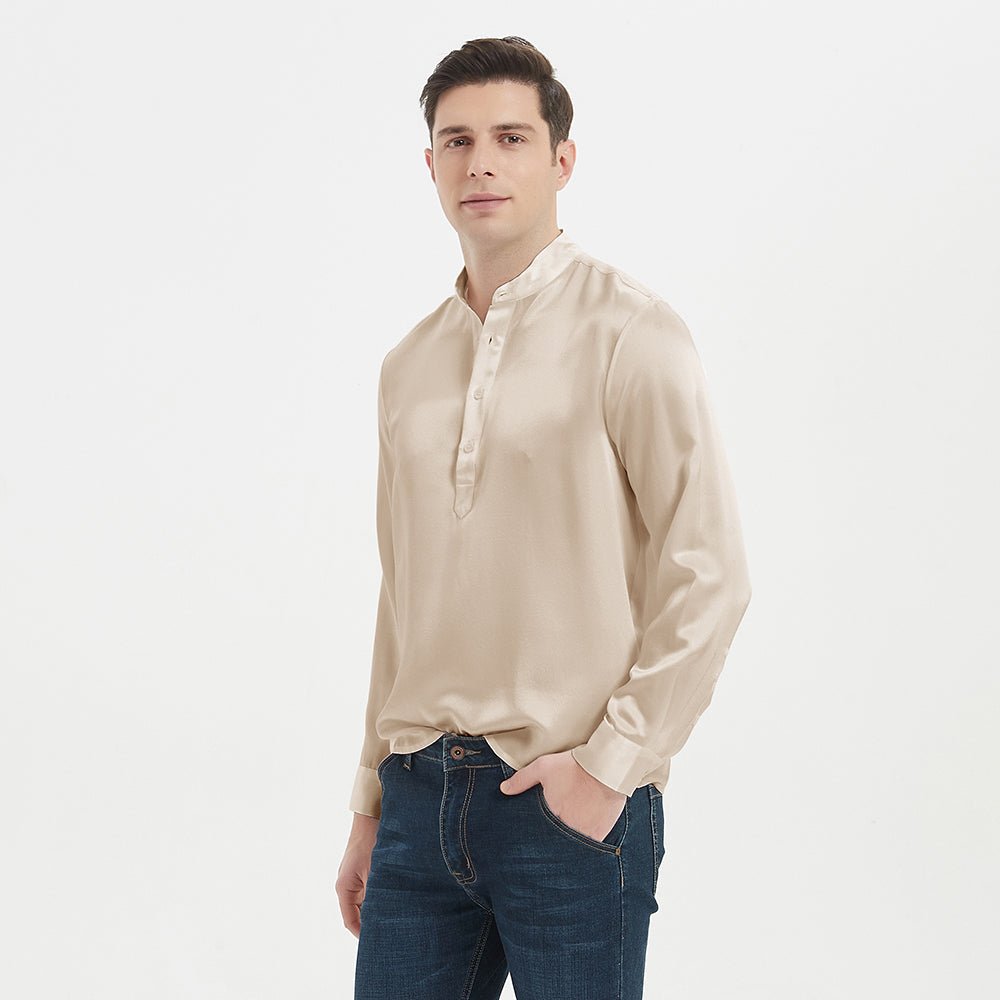 Lyxig siden Silk Henley skjortor för män Pure Silk Stand Collar Top