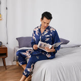 Print long Silk Pajamas Set For Men Classic ButtonDown Silk Sleepwear - slipintosoft