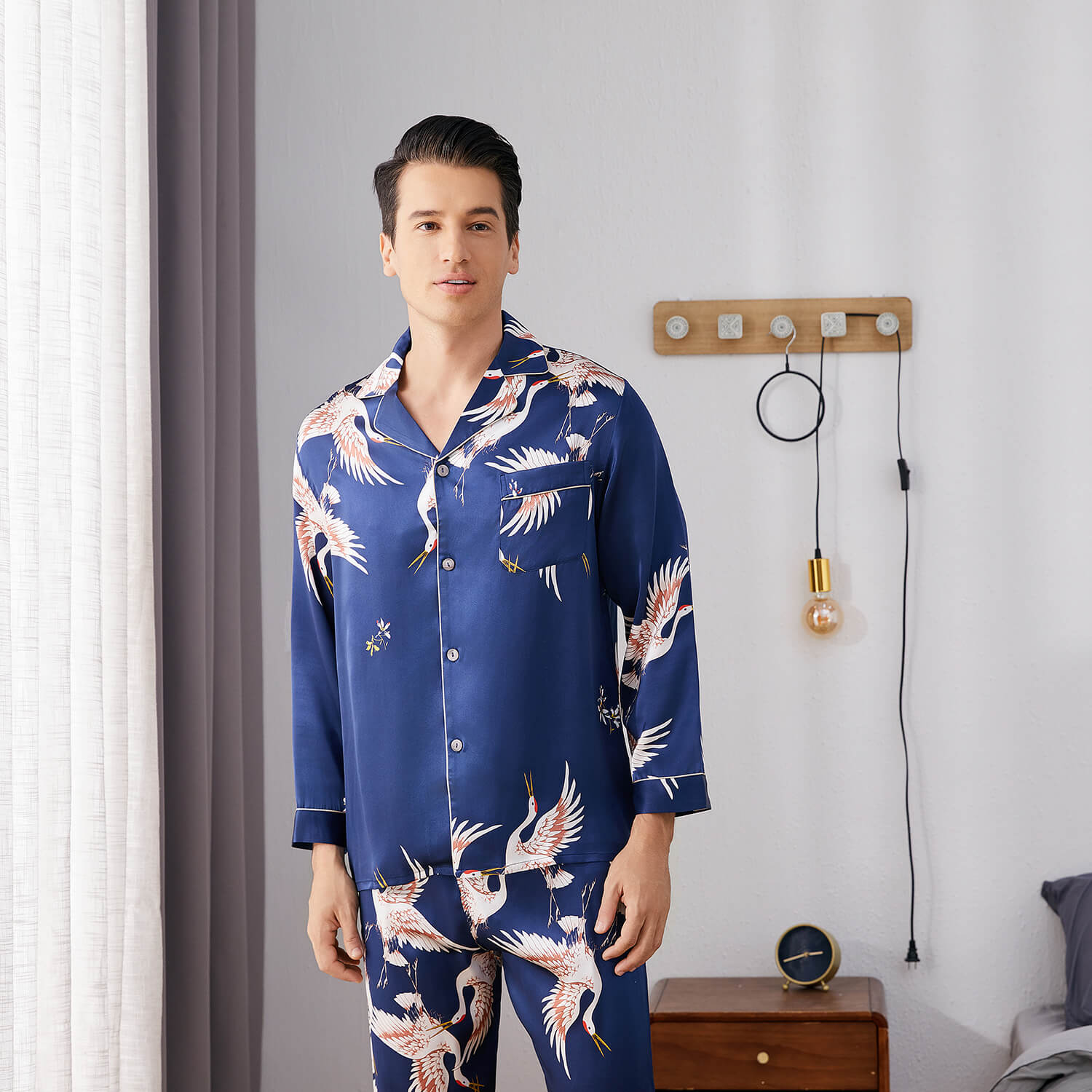 Print long Silk Pajamas Set For Men Classic ButtonDown Silk Sleepwear - slipintosoft