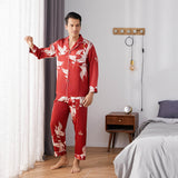 Print long Silk Pajamas Set For Men Classic ButtonDown Silk Sleepwear - slipintosoft