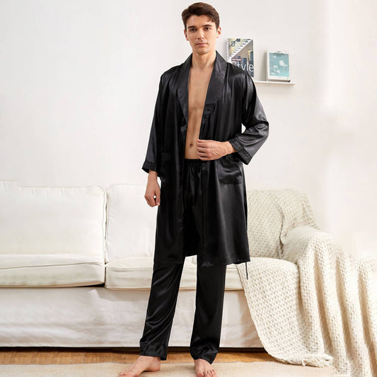 Män silkesrock med byxor set Silk Bathrobe Sleepwear Set