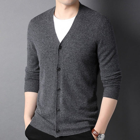 Mens V Neck Button - Up Pure Cashmere Cardigan Long Sleeve Ribbed Hem Knitted Coat