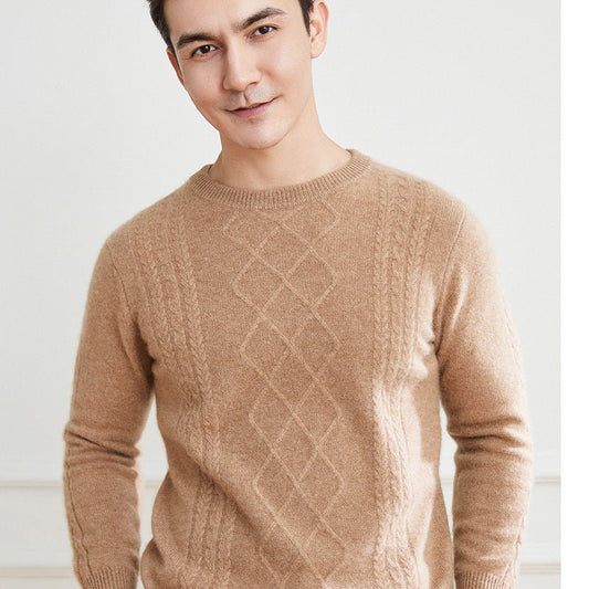 Mens Cable Knitted Cashmere Sweater Casual Long Sleeve Crew Neck Cashmere Pullover - slipintosoft