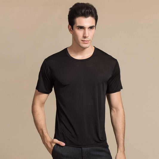 Mens Classic Crew Neck Silk T-shirt Silk Sticked Top Shirts