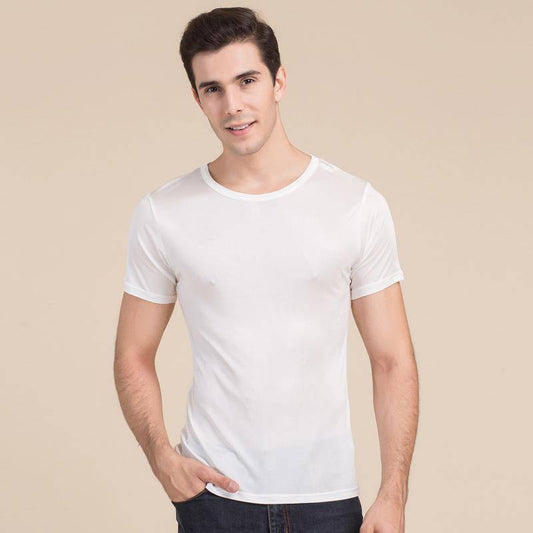 Mens Classic Crew Neck Silk T-shirt Silk Sticked Top Shirts