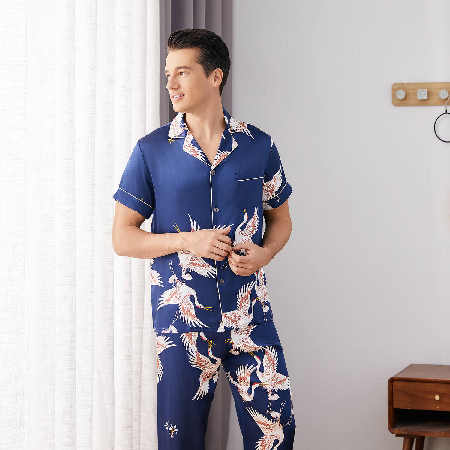 Men‘s Silk Pajama Set Button Down Short Sleeve Print Silk Sleepwear with Long Pants - slipintosoft