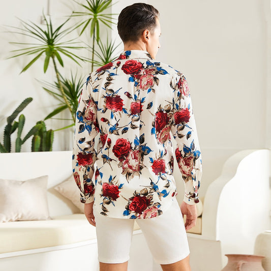 Men's Flower Printed Silk Shirts Button Down Silk Dress Shirt