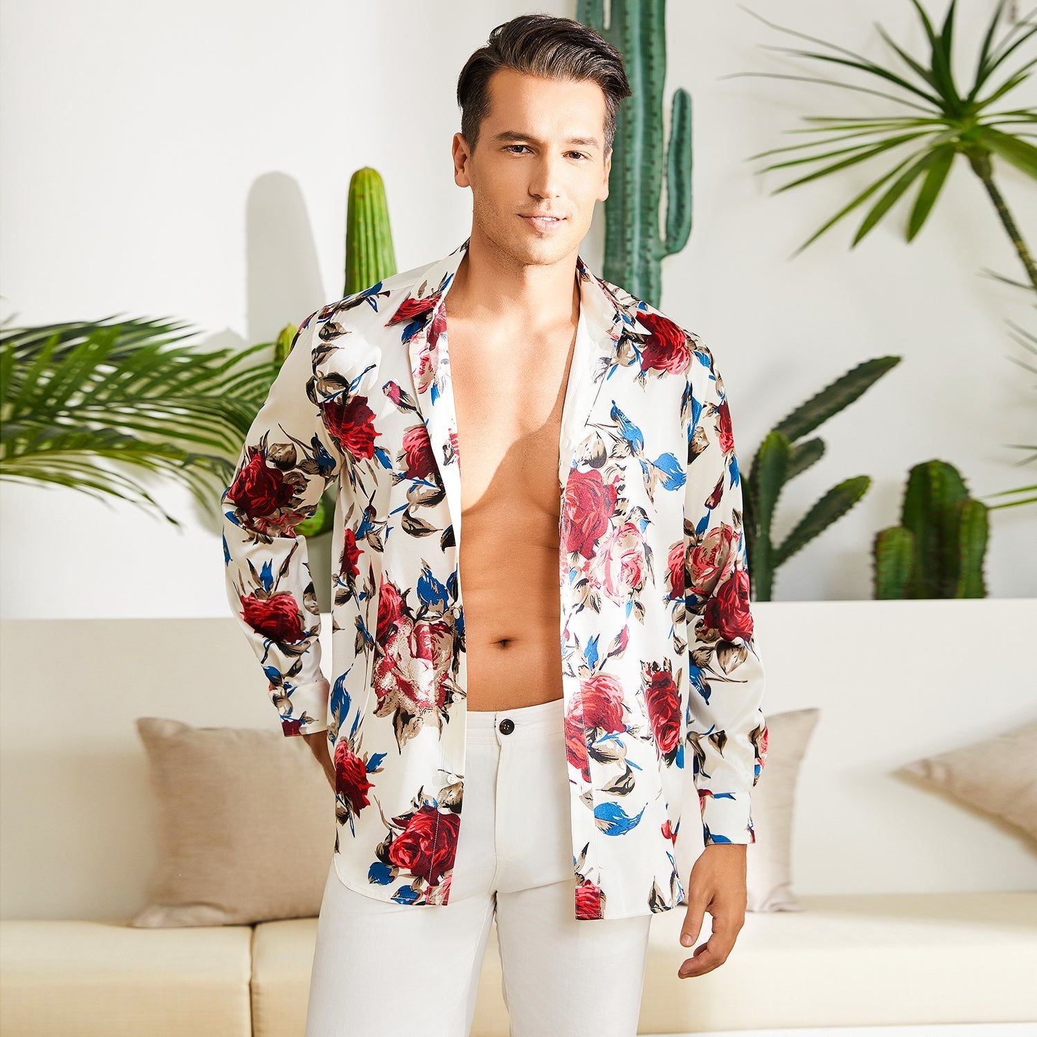 Men's Long Sleeve Flower Printed Silk Shirts Button Down Flower Silk Dress Shirt - slipintosoft