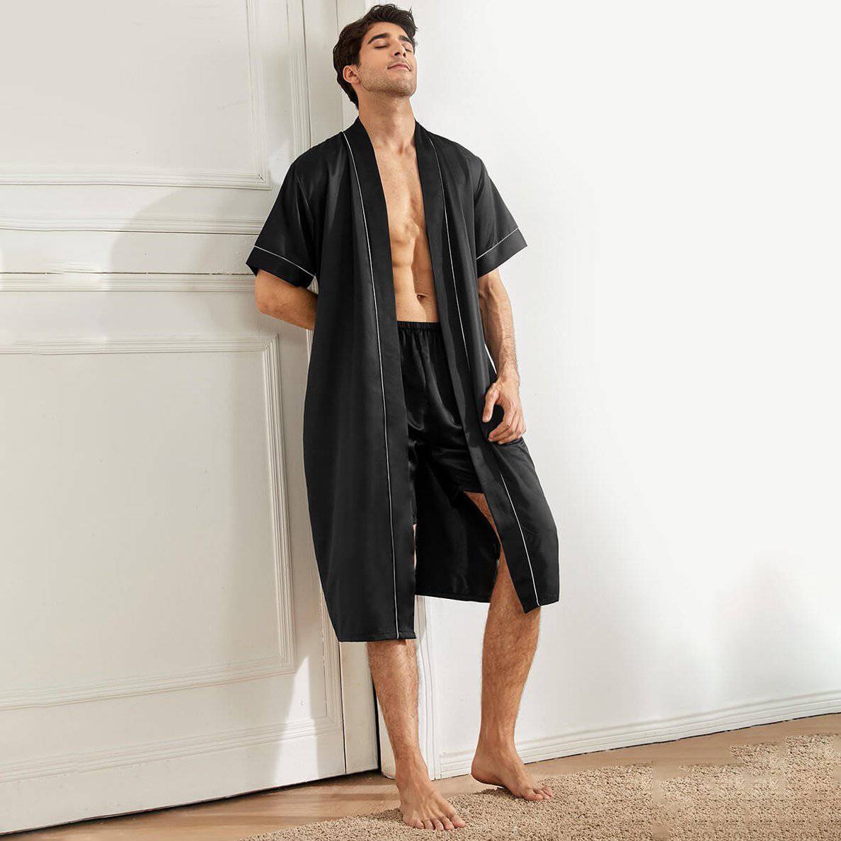 Men's Short Silk Robe Set Two Pieces Silk bathrobe Silk Kimono Robe Set with Shorts -  slipintosoft