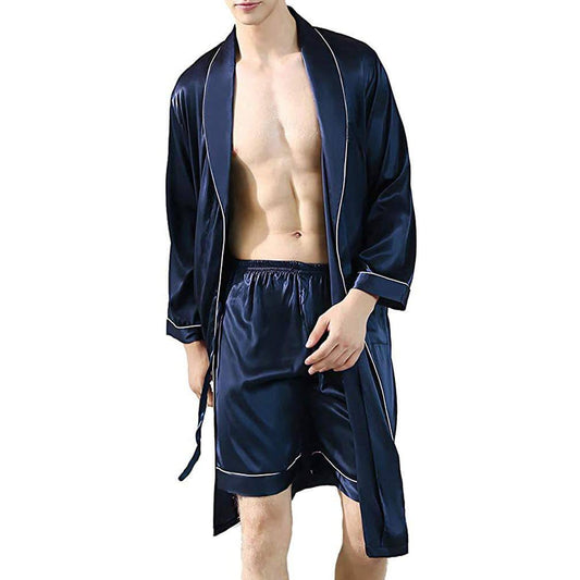 Men's Silk Robe With Boxer Set Shorts Silk Sleepwear Set