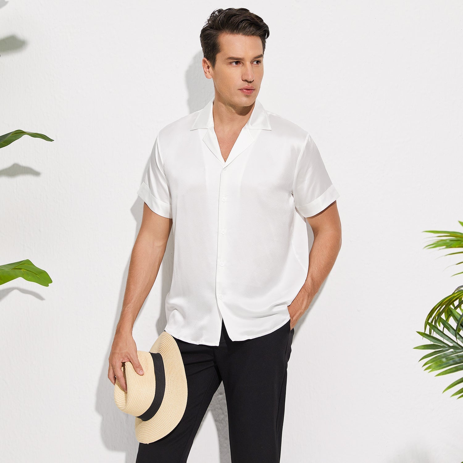 Men's Silk T Shirt Lapel Collar Silk Short Shirt - slipintosoft