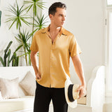 Men's Silk T Shirt Button Down Silk Short Dress Shirt - slipintosoft