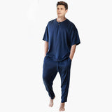 Men's Short Sleeve Silk Pajamas Simple  Crew Neck Short Silk Pajama Set -  slipintosoft