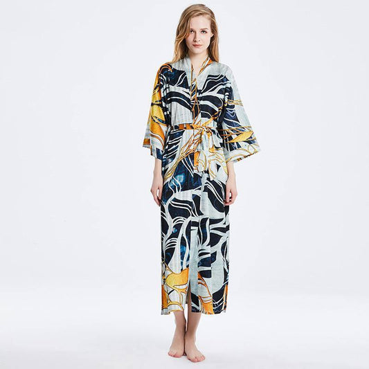 Mulberry Long Artistic Print Silk Kimono For Women Silk Bathrobe