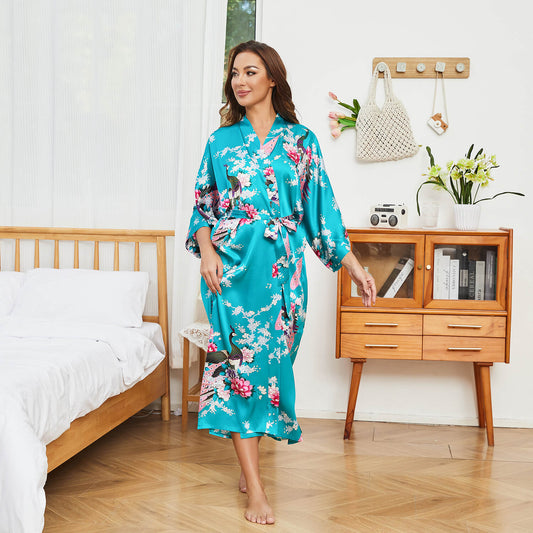 Mulberry Silk Kimono for Women Hand Painted Peacock & Flowers Nightwear - slipintosoft