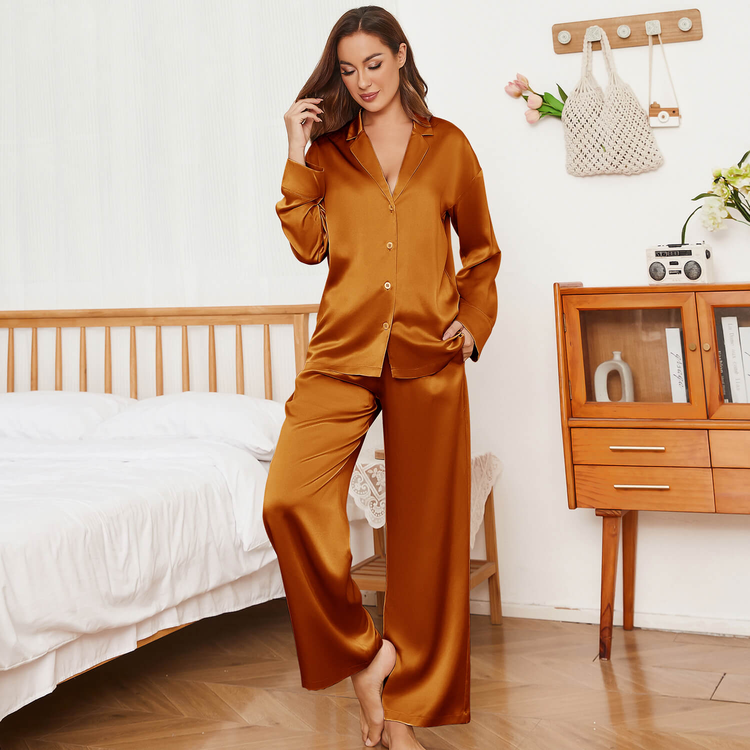 Oversized Womens Silk Pajamas Set With Wide Leg Pants