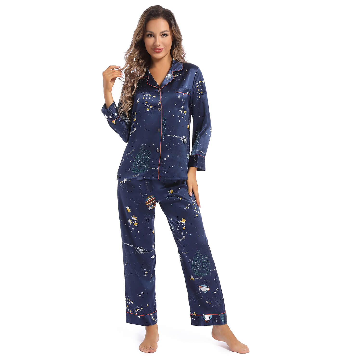 Women's Long Silk Two-Piece Pajamas Set Best Quality Silk Pyjamas Printed Silk PJS - slipintosoft