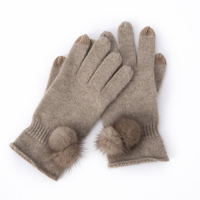 Pure Cashmere Women Full Fingers Gloves Touchscreen Cashmere Mittens with Fur Pom - slipintosoft