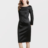 22 Momme Womens Black Slim Dress Long Sleeves Silk Straight Dress - slipintosoft