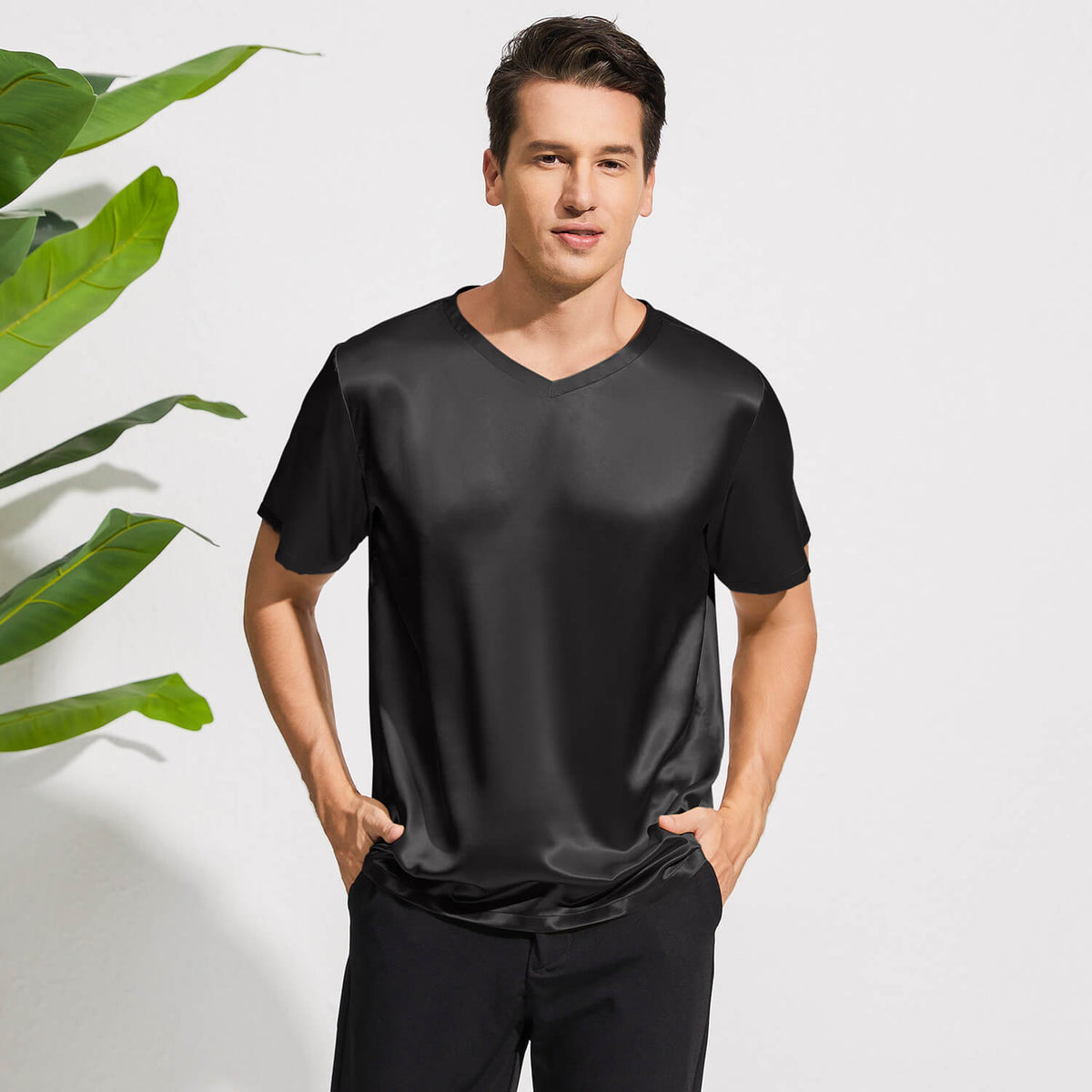 Luxury Pure Silk Shirt For Men Classic Short Sleeves V-Neck Silk Top Tee - slipintosoft