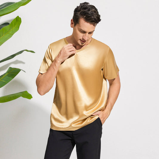 Pure Silk T-Shirts For Men Luxury V - Neck Silk Top Tee