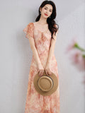 Romantic Puff Sleeve Summer Silk Dress Silk Maxi Dress for Women Silk Floral Dress Pink XS