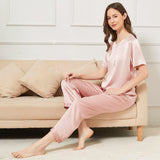 Short Sleeves Silk Pajama Set For Women Round Neck Button Tie Pullover Silk Pajamas - slipintosoft